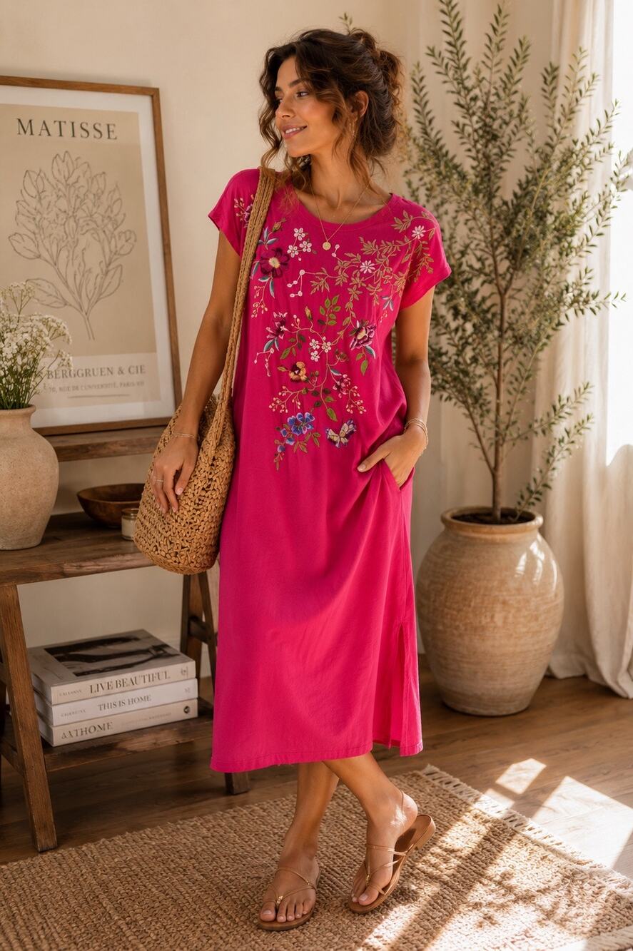 Johnny Was 100% Cotton Pink Floral Embroidered Swing Midi Dress Size XS